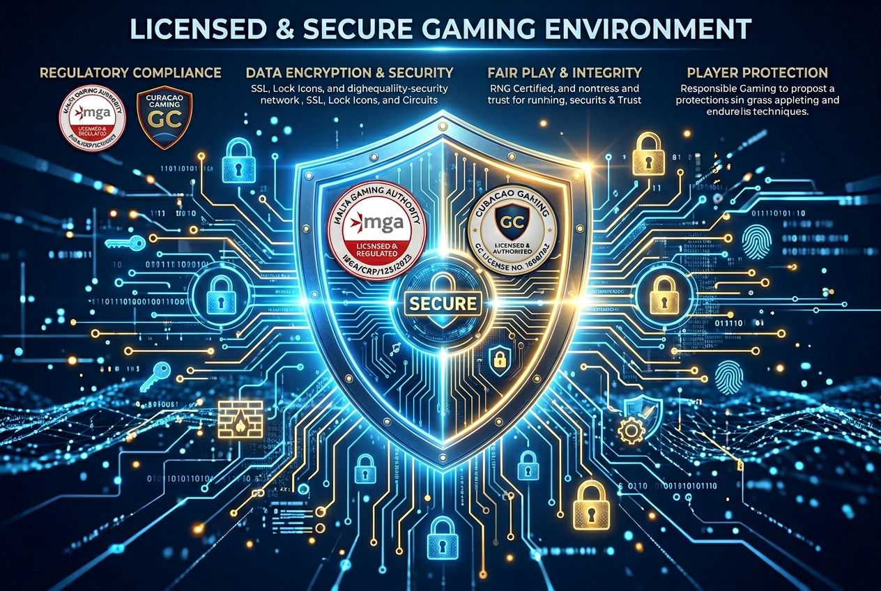 Infografika przedstawiająca bezpieczeństwo i licencje międzynarodowych kasyn online MGA oraz Curacao