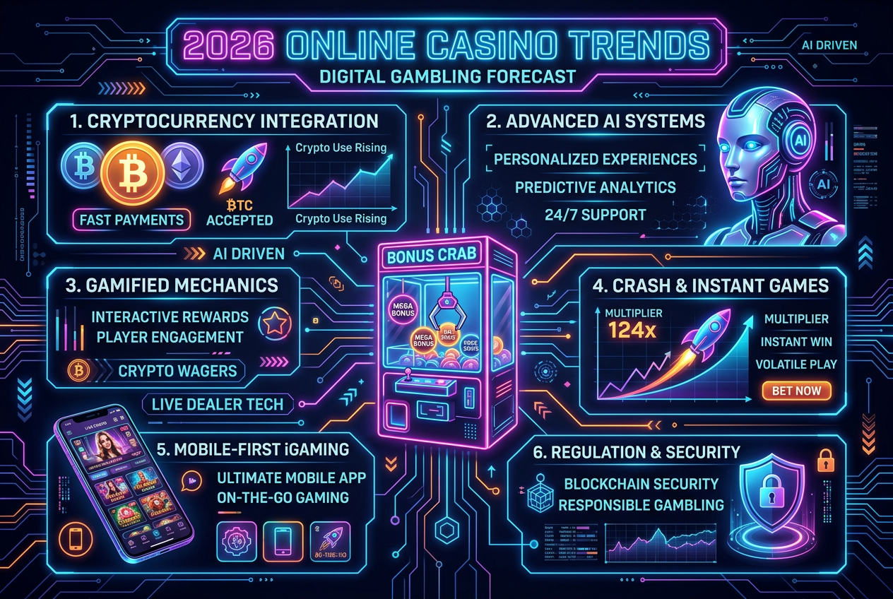 Modern infographic of 2026 online casino trends showing crypto, AI and crash games icons