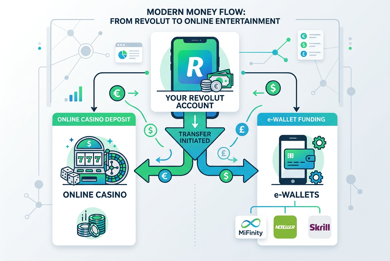 Infographic showing digital payment flow between Revolut, e-wallets, and online casinos