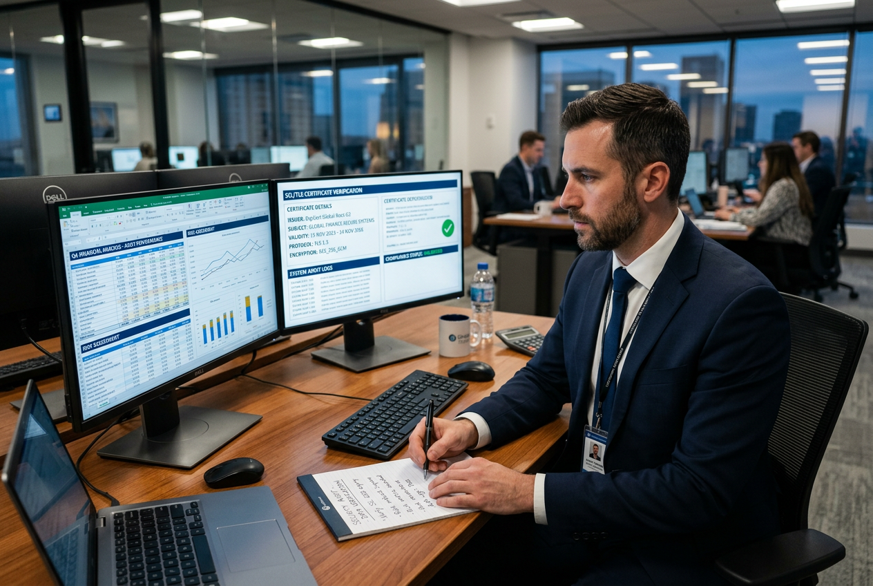 Professional expert checking financial data and security certificates on a computer monitor