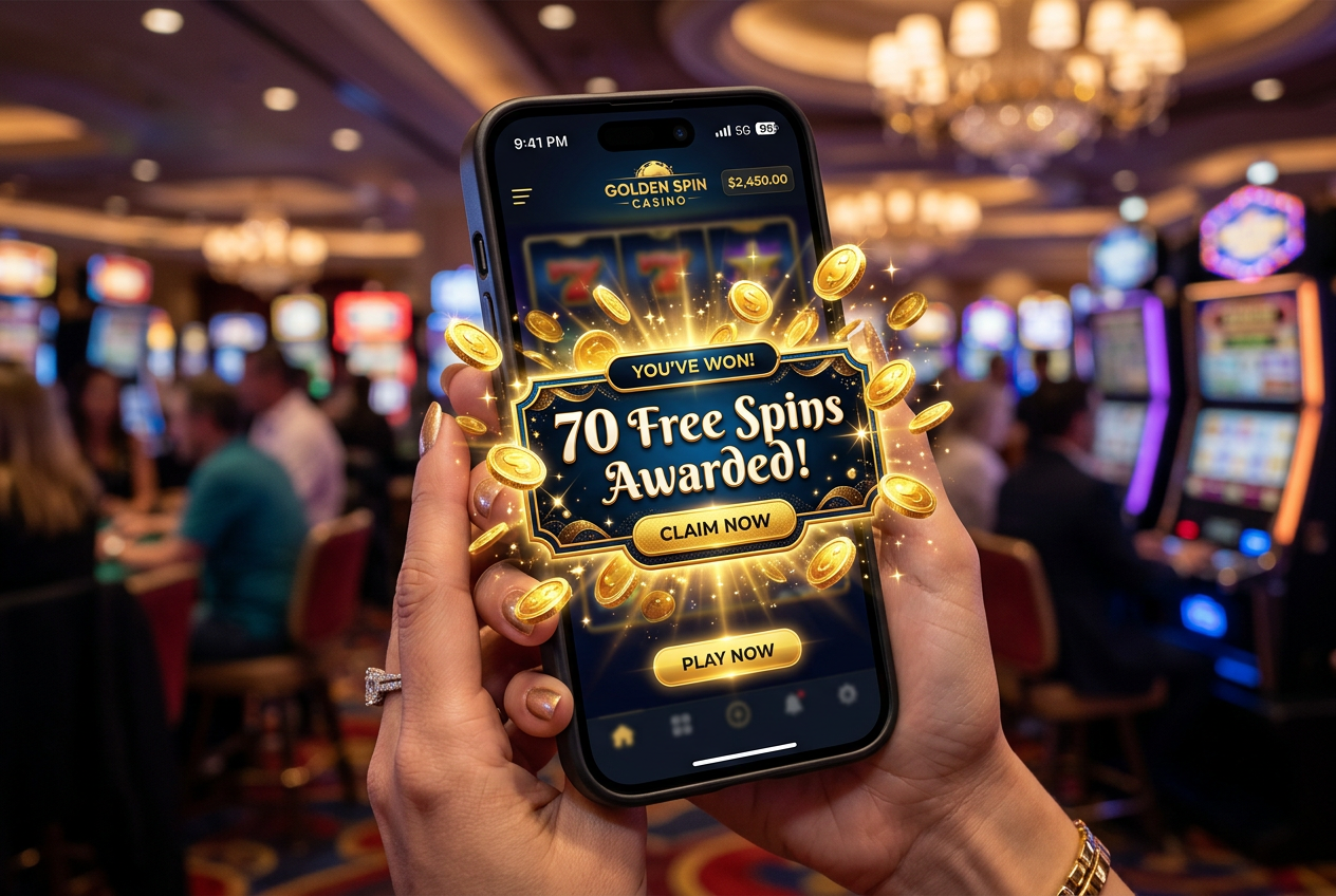 Mobile phone screen with a notification about 70 free spins awarded in a modern casino app