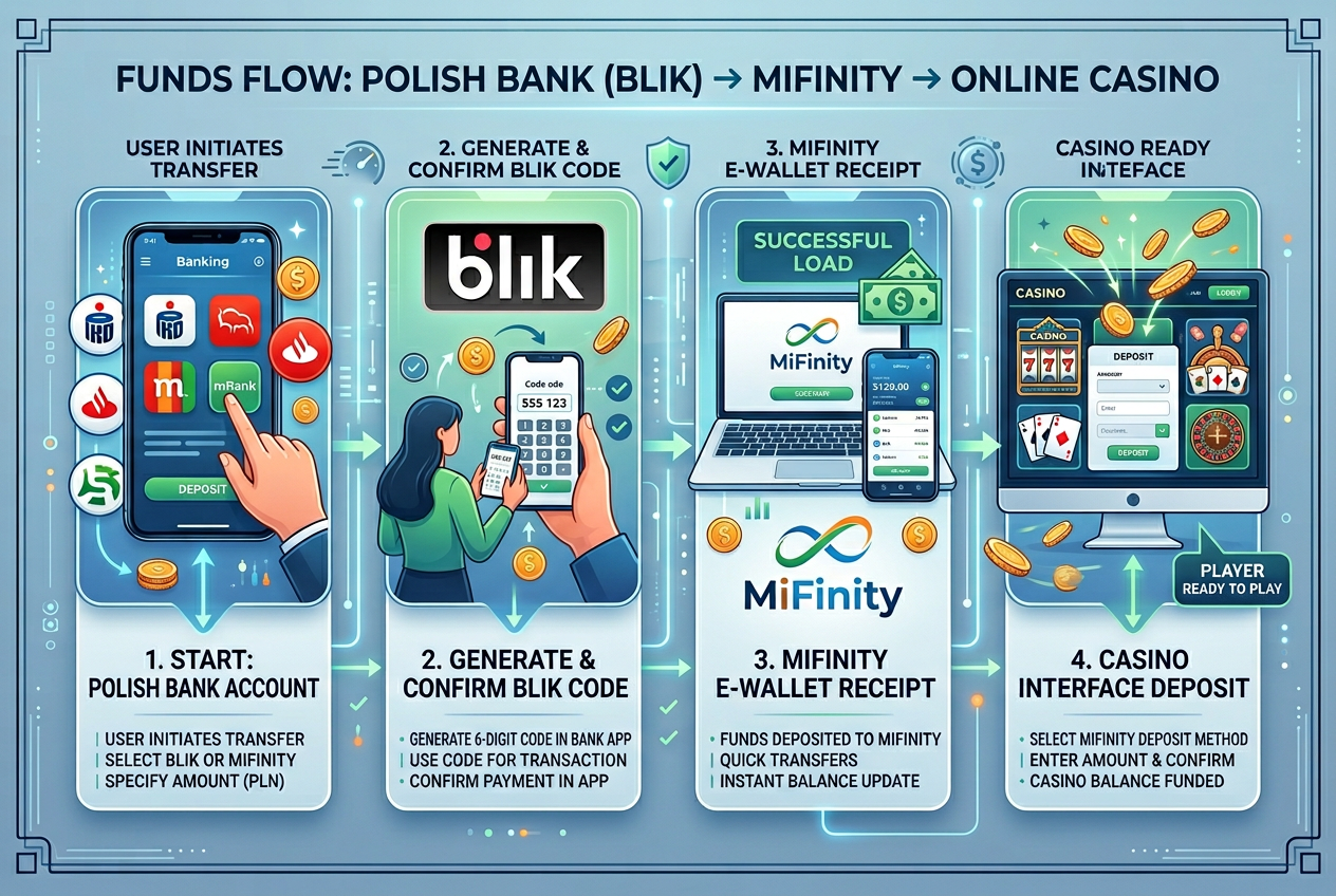 Professional infographic showing the flow of money from a Polish bank account via BLIK to MiFinity e-wallet and then to an online casino interface