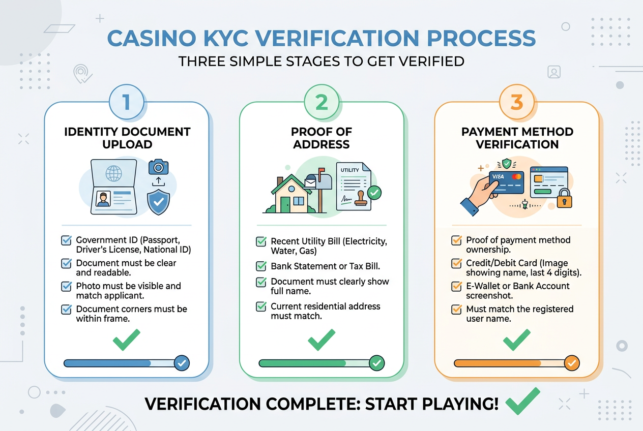 Infografika przedstawiająca proces weryfikacji KYC w kasynie online