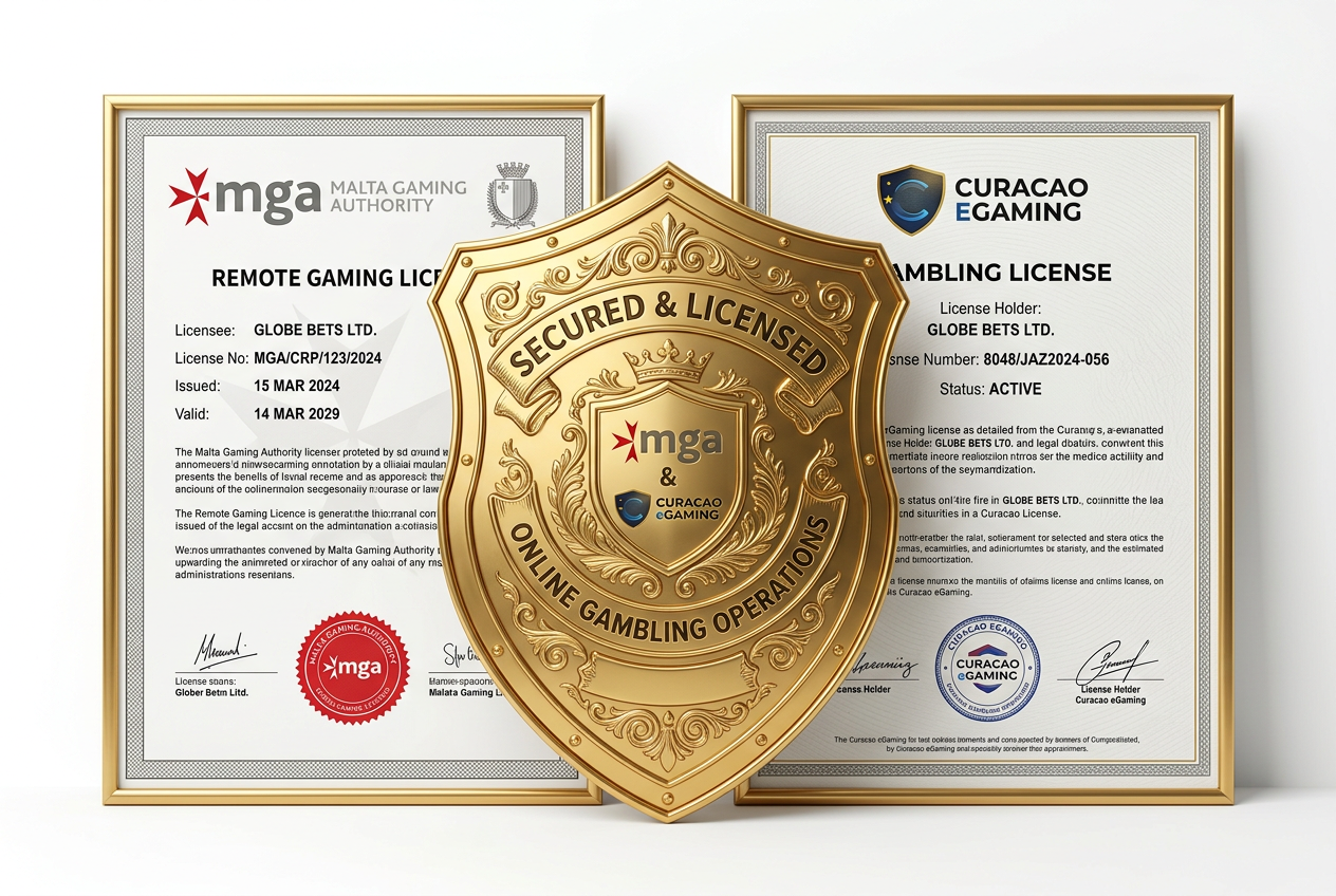 Symbol bezpiecznej licencji i tarczy ochronnej nad logotypami MGA i Curacao