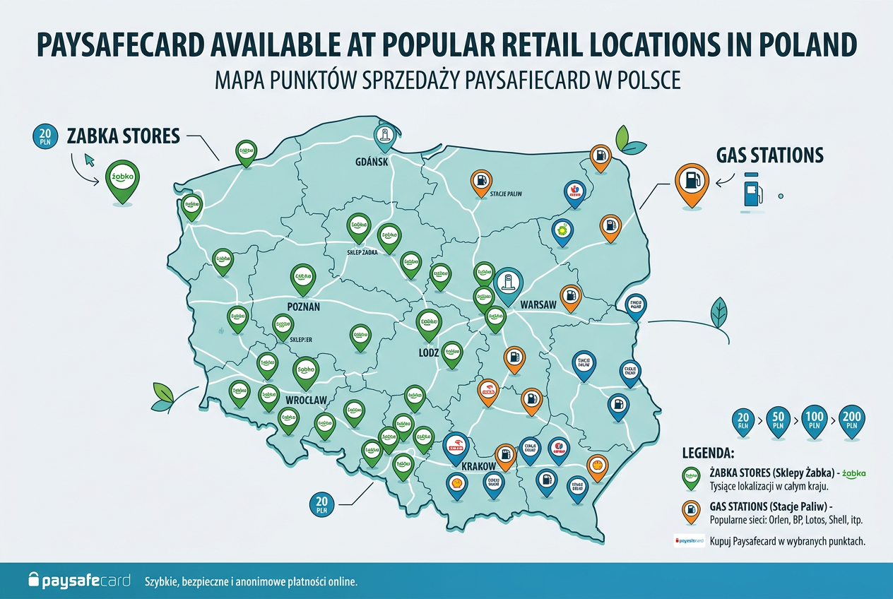 Infografika przedstawiająca punkty sprzedaży Paysafecard w Polsce, w tym Żabka i stacje benzynowe