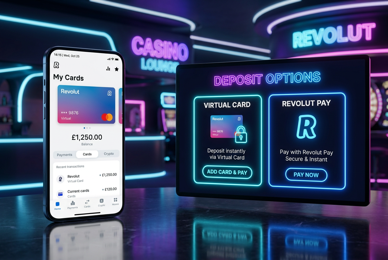 Modern smartphone displaying Revolut app and casino interface with Revolut Pay option